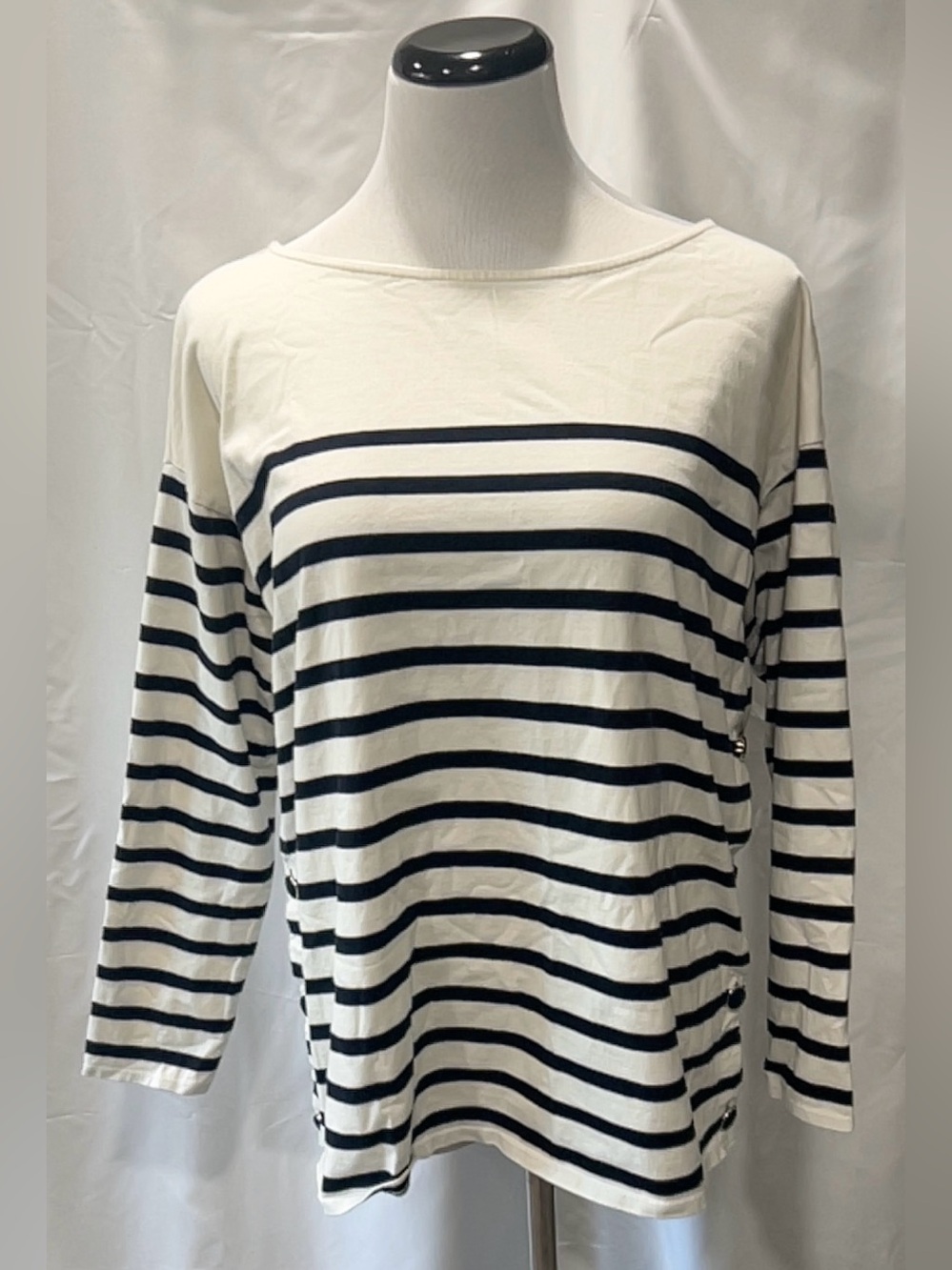 Sézane Paris Navy White Striped Boat Neck Long Sleeve Tee Top Size XL Buttons